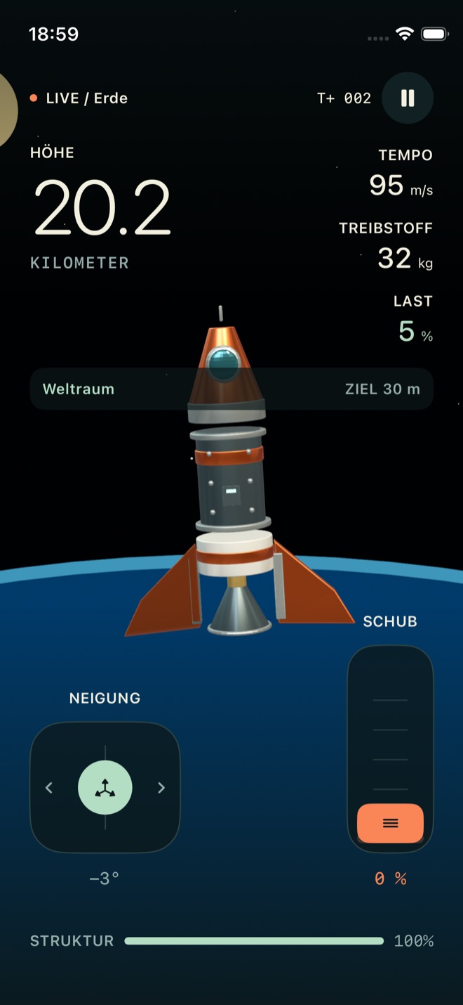 Ein Flug in Rocket Foundry: Die Rakete steigt vor dem Sternenhimmel ins Weltall auf.